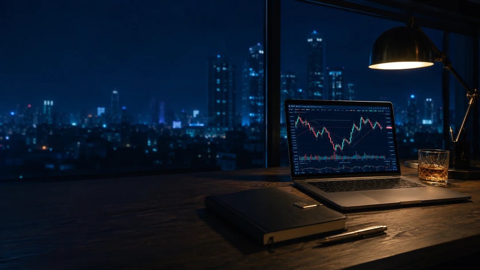 Premium trader's workspace at night with Kolkata skyline
