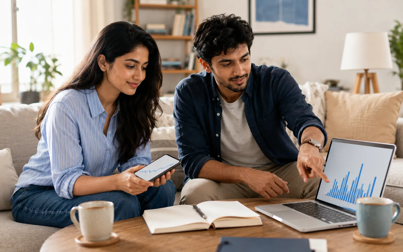 Two friends comparing crypto and mutual fund options on a phone and laptop at home