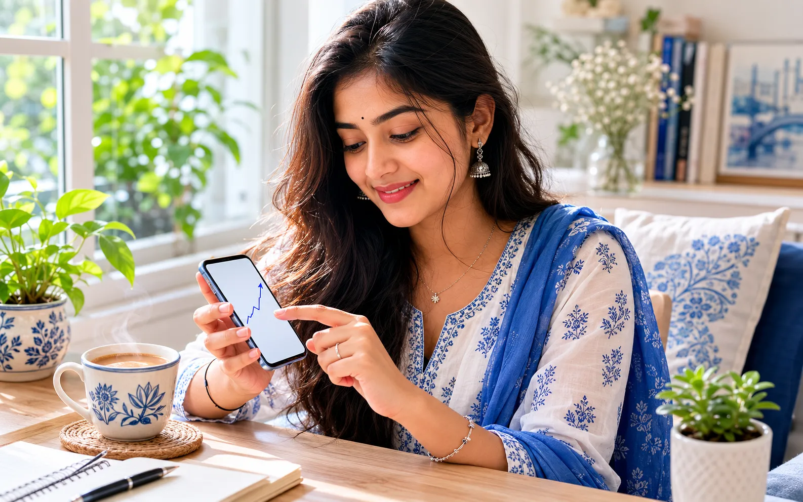 Young woman in Kolkata scheduling a recurring crypto investment on her phone at a bright home desk