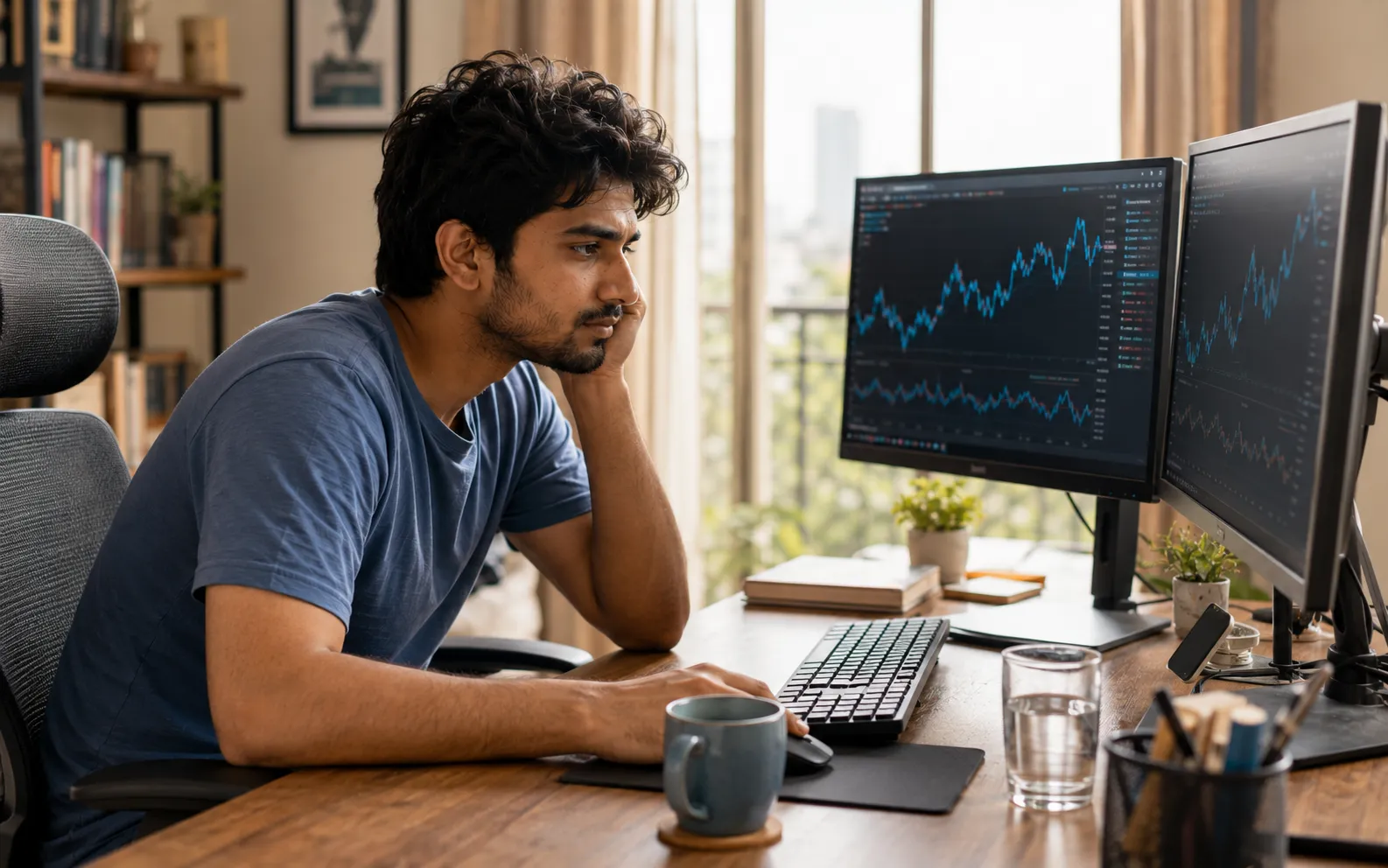 Focused intraday trader at a dual-monitor desk during a live trading session