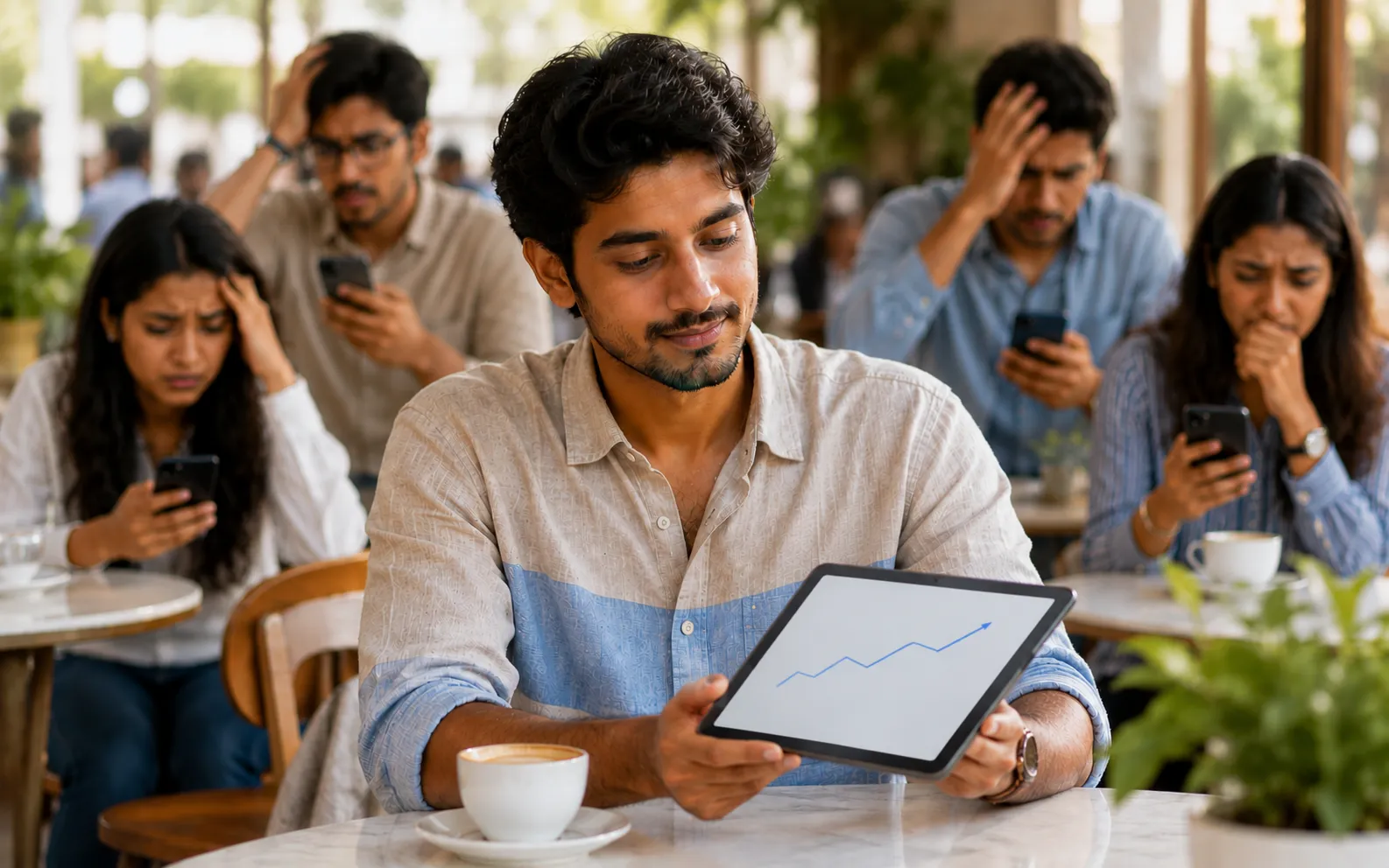 Calm trader staying composed in a cafe while an anxious crowd reacts to the market on their phones