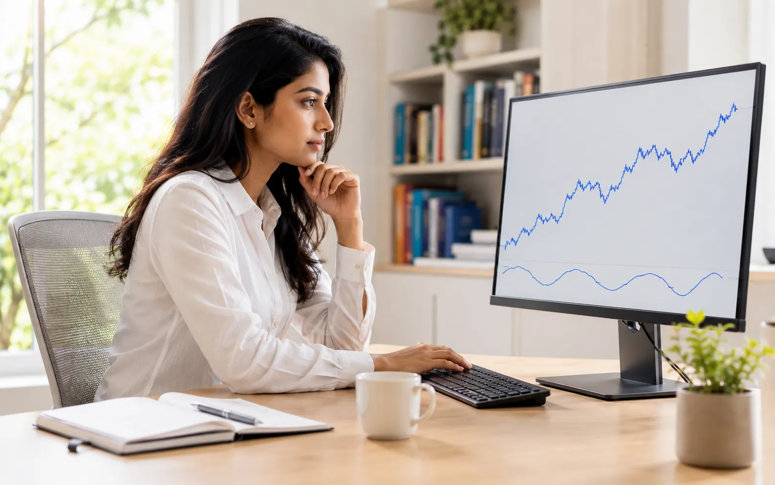 Trader analysing an RSI oscillator below a price chart on a monitor in a bright home office