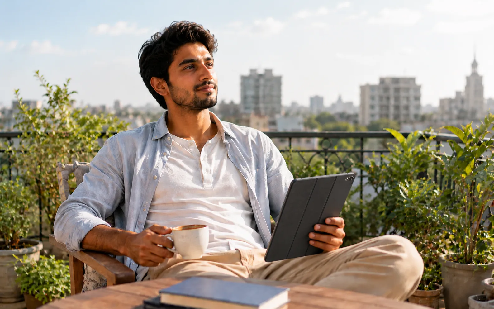 Relaxed swing trader reviewing charts on a tablet on a sunlit rooftop terrace