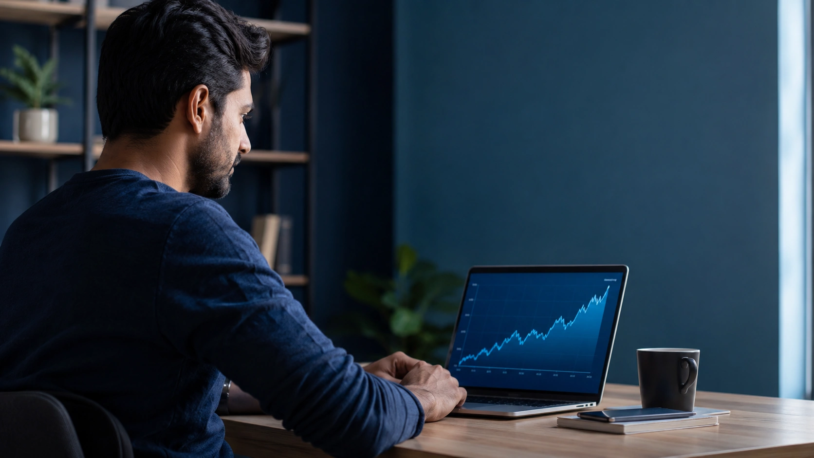 Calm Indian investor reviewing a steady upward savings chart on a laptop