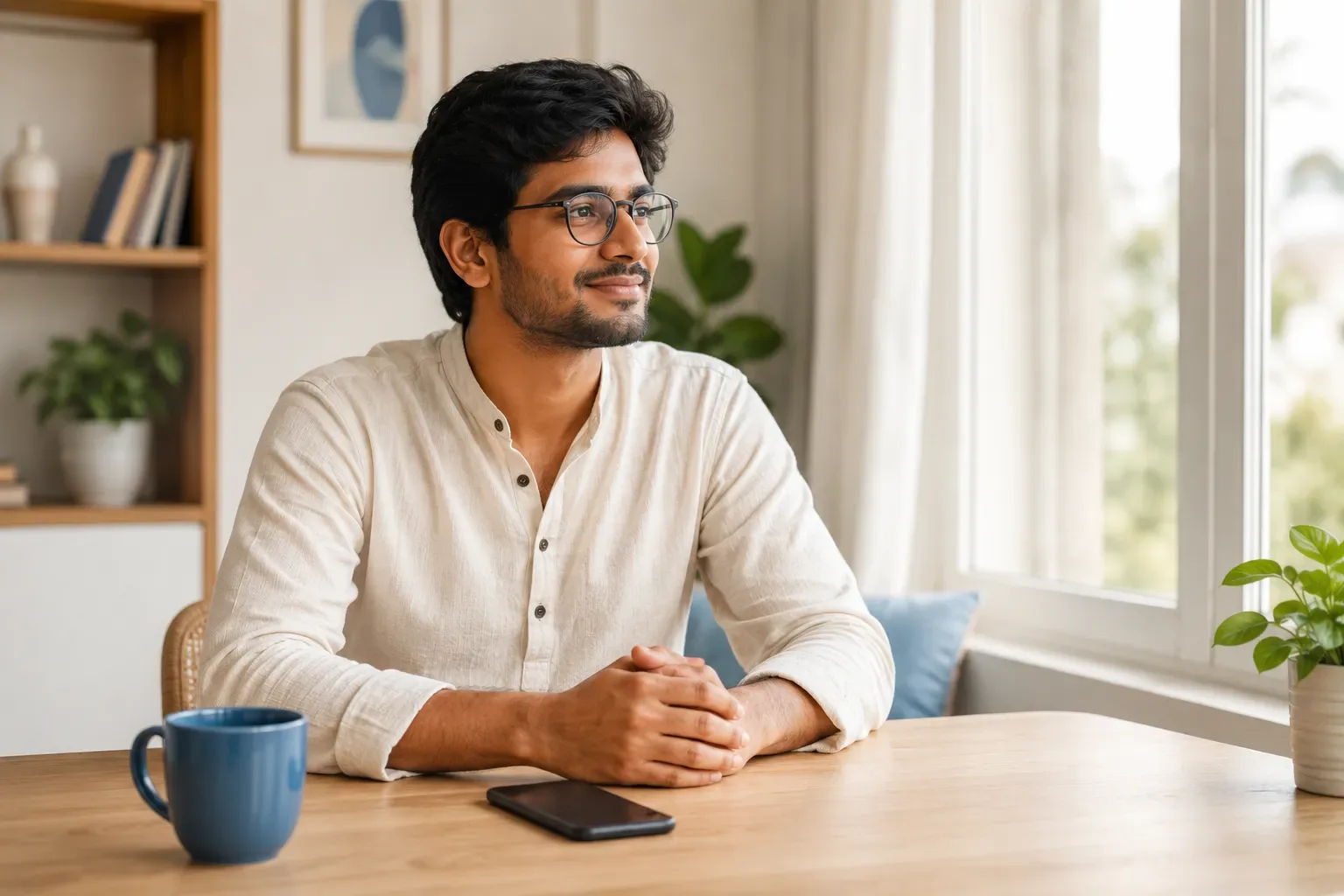 A panoramic photoreal scene of an Indian trader calmly checking a crypto sentiment gauge on a phone, unmoved by the extreme fear reading