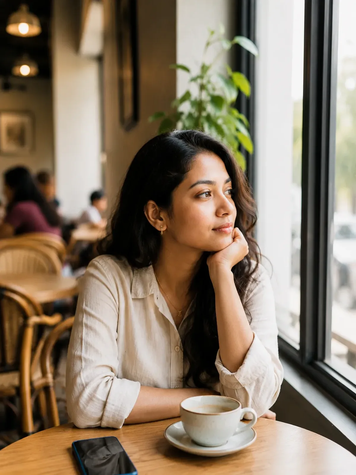 A composed young Bengali woman sitting calmly at a café table with her phone resting face-down beside her, looking out the window thoughtfully